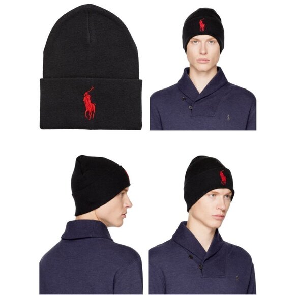 New POLO Ralph Lauren Big Pony Black Beanie Hat Cap Red Pony Logo - OSFM
